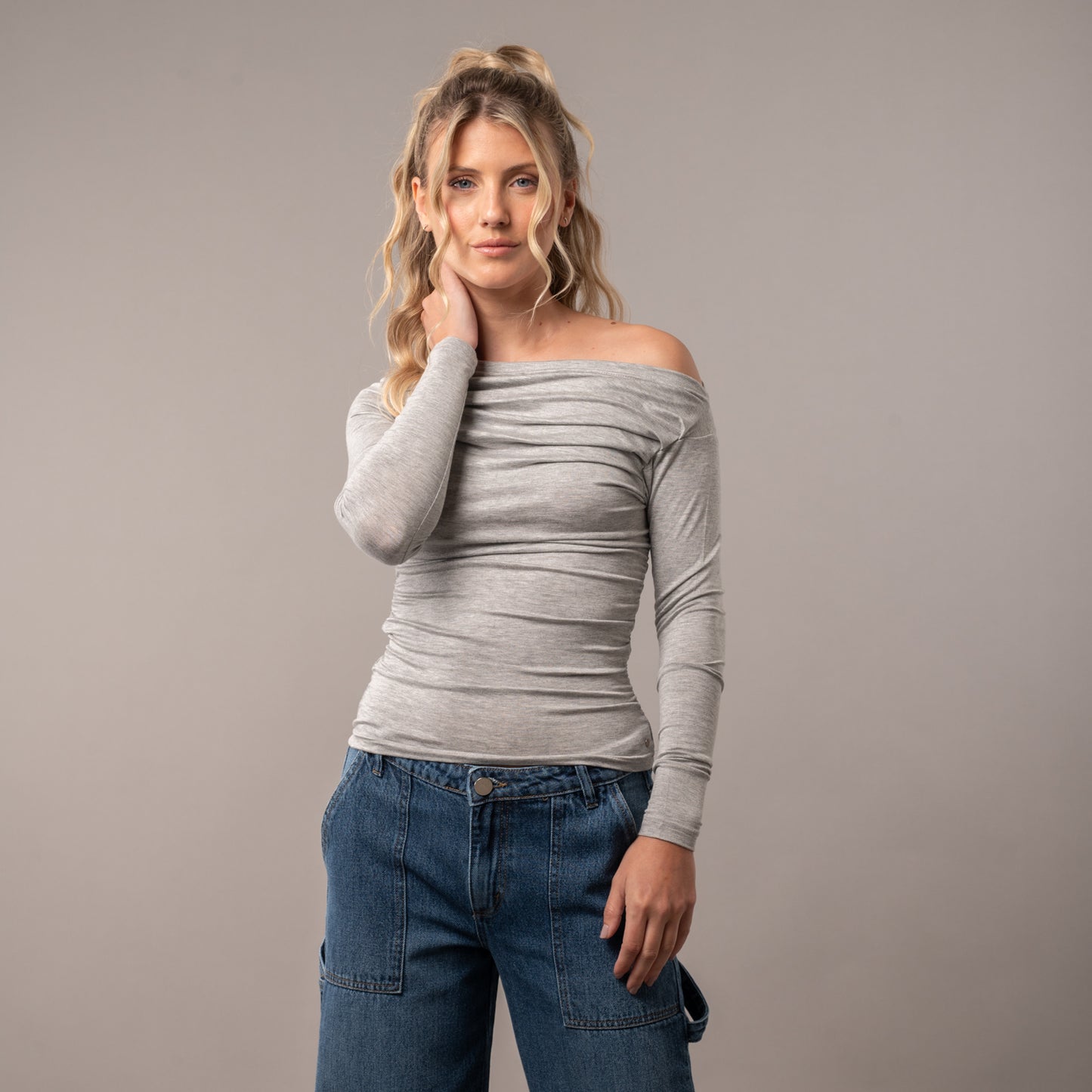 Fashion Top Rusty All Day Off Shoulder Ls Top Ld Grey Marle