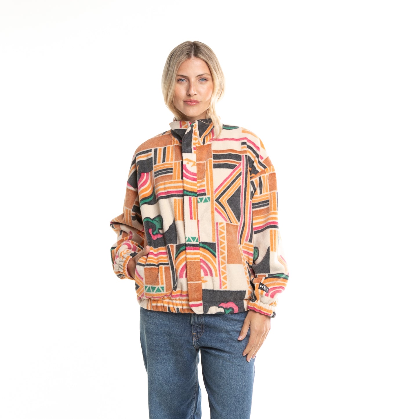 Campera Canguro Rusty Josie Mock Neck Printed Fleece Ld Cream