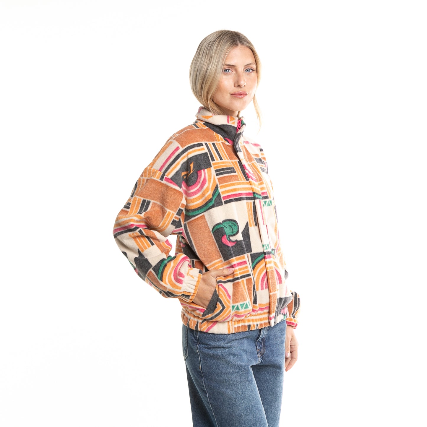 Campera Canguro Rusty Josie Mock Neck Printed Fleece Ld Cream