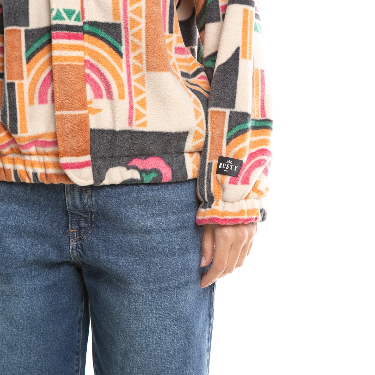 Campera Canguro Rusty Josie Mock Neck Printed Fleece Ld Cream