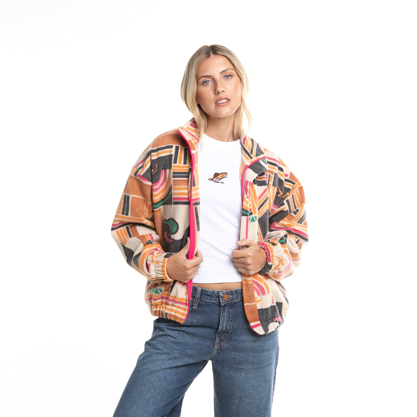 Campera Canguro Rusty Josie Mock Neck Printed Fleece Ld Cream