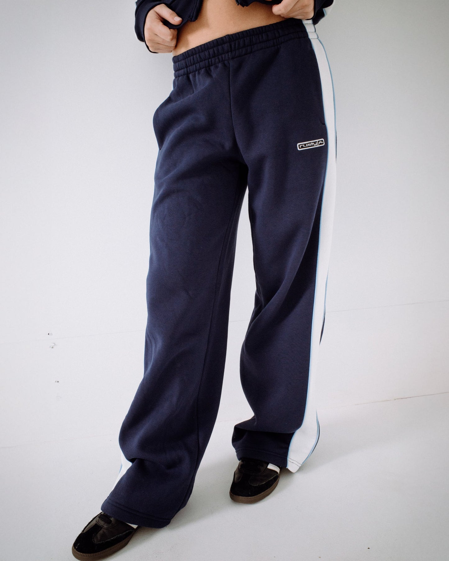 Jogging Rusty Retro Lines Wide Leg Track Pant Navy Blue