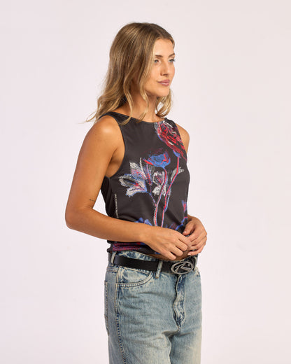 Musculosa Rusty Halftone Flower Tank Ld Black