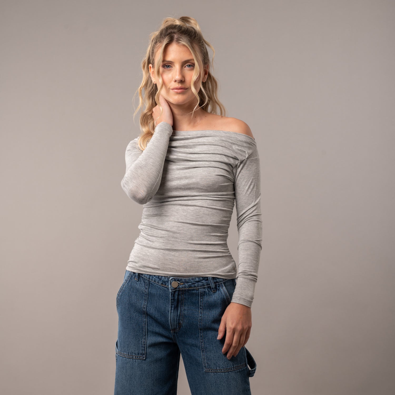 Fashion Top Rusty All Day Off Shoulder Ls Top Ld Grey Marle