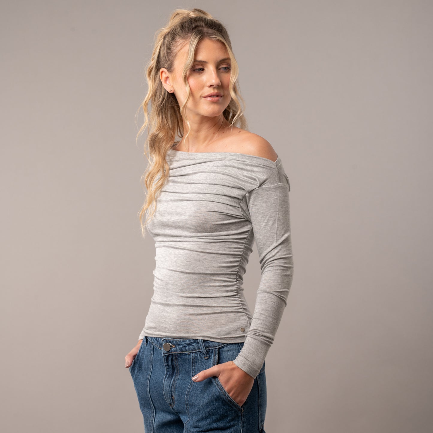 Fashion Top Rusty All Day Off Shoulder Ls Top Ld Grey Marle
