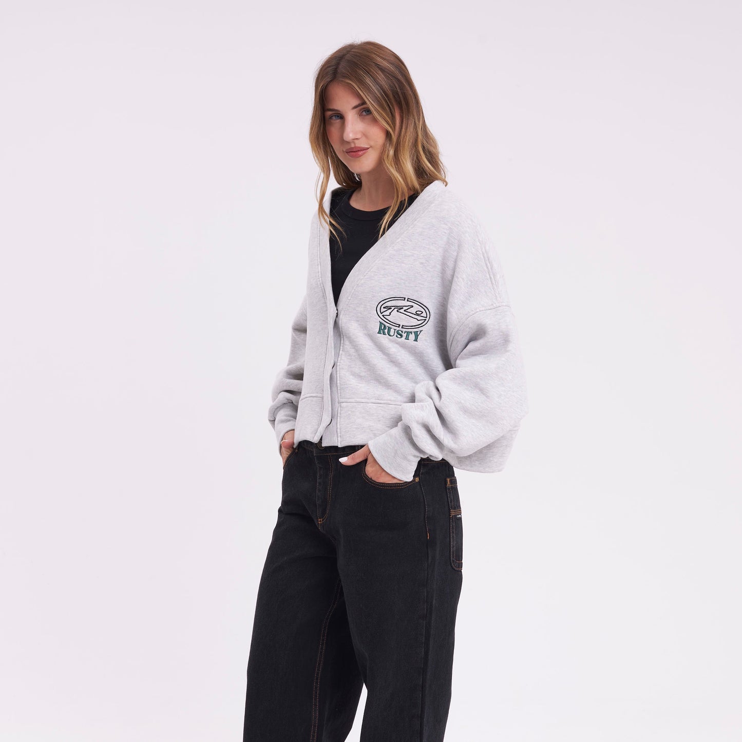 Campera Canguro Rusty Atomic Fleece Cardigan Ld Grey Marle