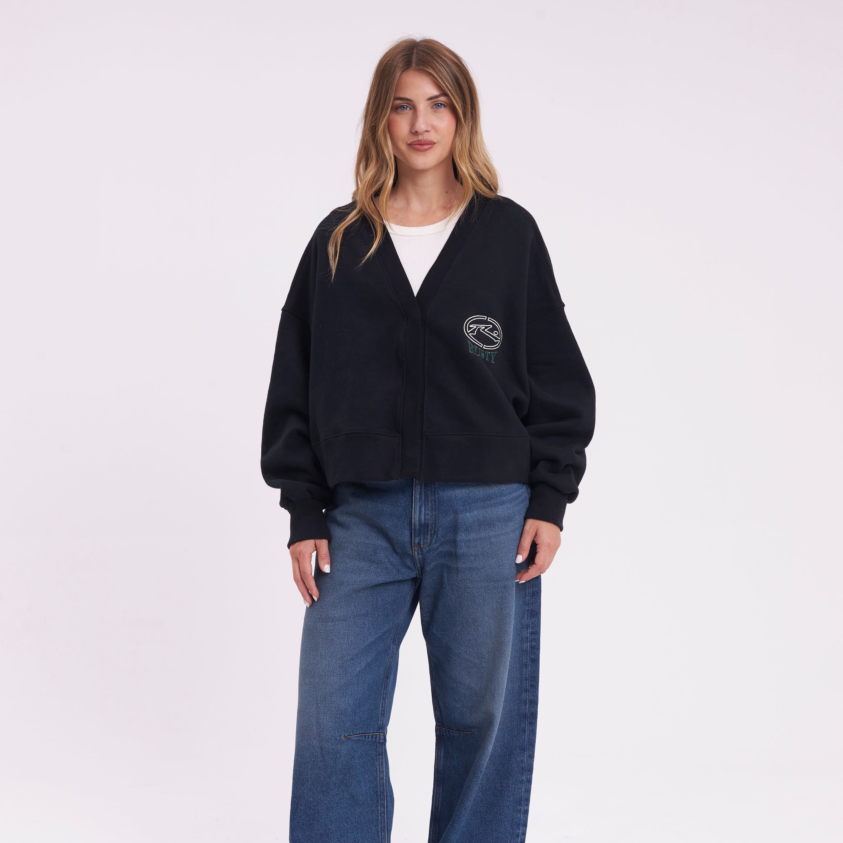 Campera Canguro Rusty Atomic Fleece Cardigan Ld Black