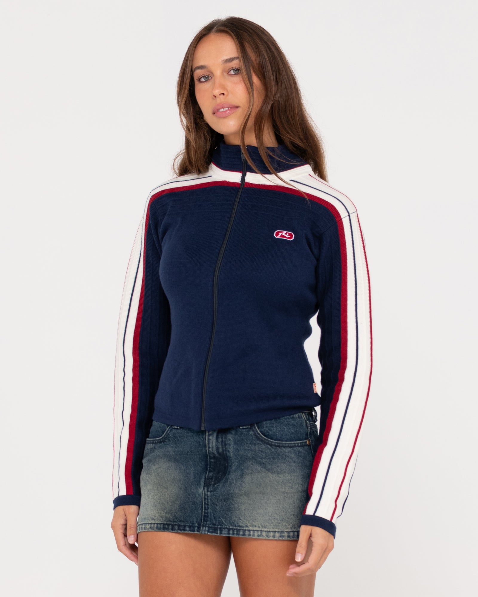 Sweater Rusty Daddy Gb Zip Through Skimmer Knit* Navy Blue