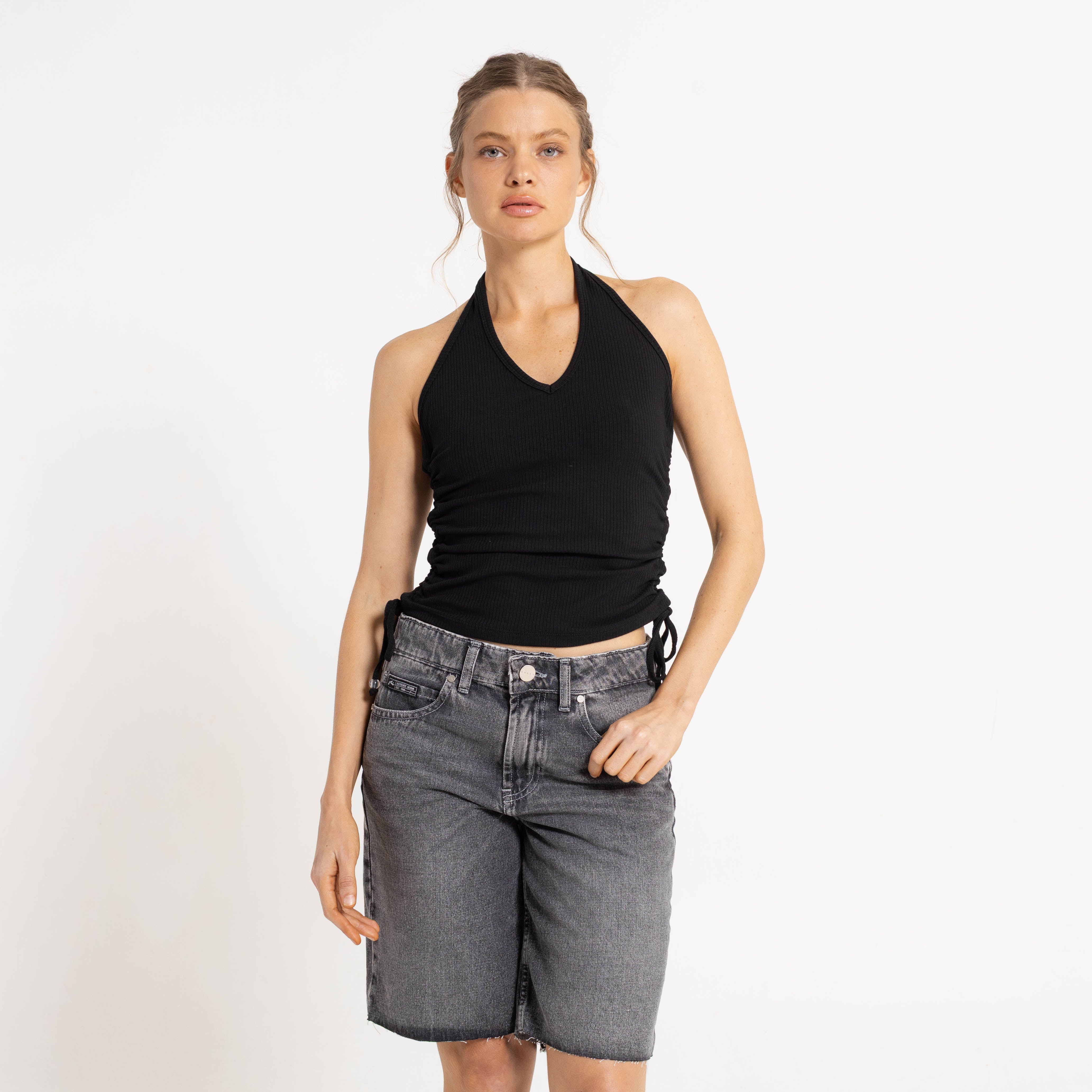 Fashion Top Rusty Halter It Up Rouched Top Ld Black