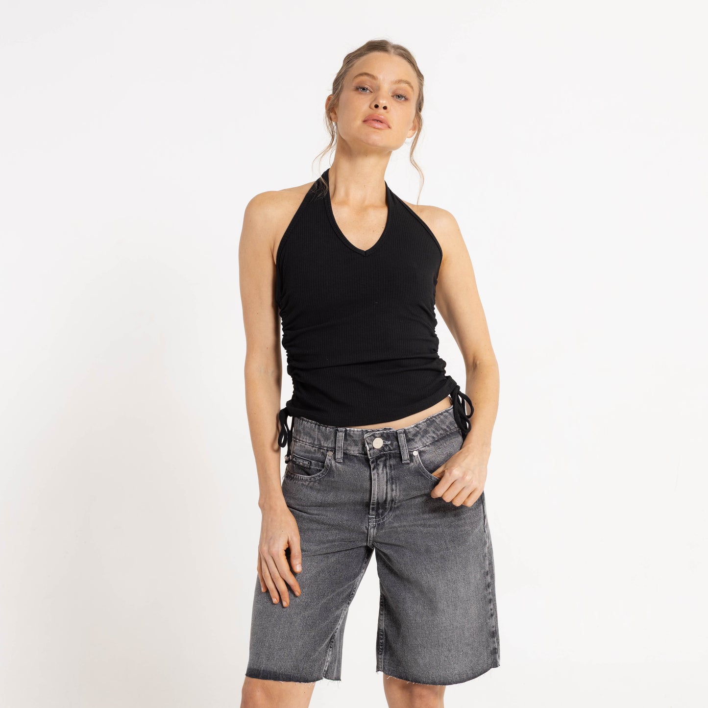 Fashion Top Rusty Halter It Up Rouched Top Ld Black