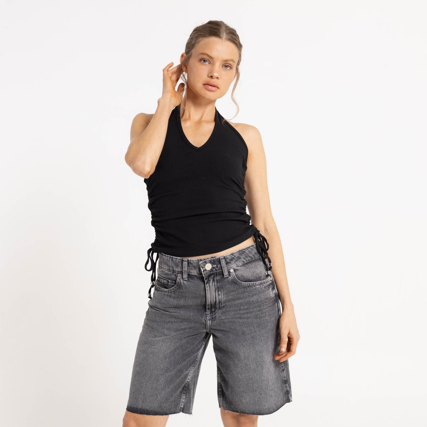 Fashion Top Rusty Halter It Up Rouched Top Ld Black