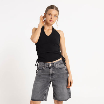 Fashion Top Rusty Halter It Up Rouched Top Ld Black