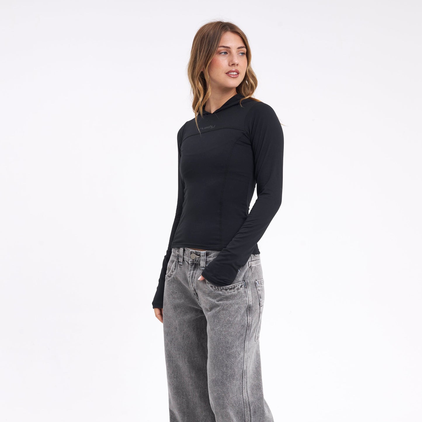 Fashion Top Rusty Hide Hood Ls Tee Black