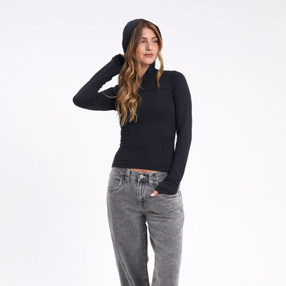 Fashion Top Rusty Hide Hood Ls Tee Black