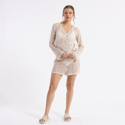 Fashion Top Rusty I Kissed A Pearl Lace Wrap L/S Top Ld Ecru