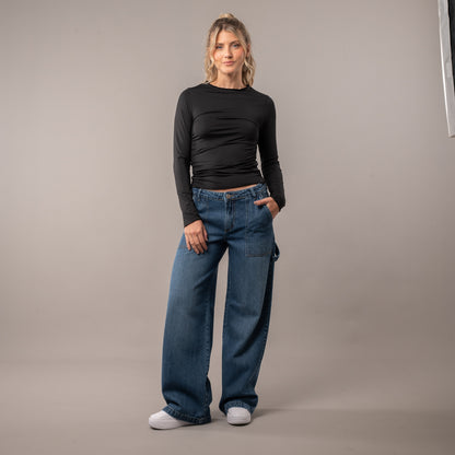 Fashion Top Rusty Plain Jane Ruched Ls Top Ld Black