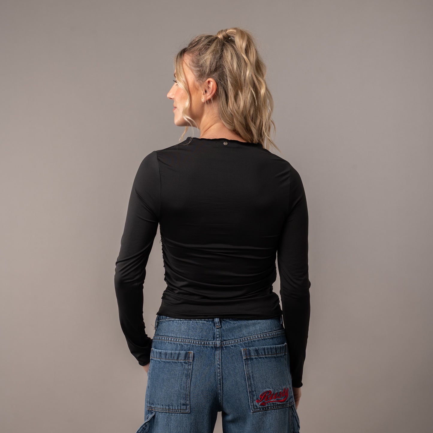 Fashion Top Rusty Plain Jane Ruched Ls Top Ld Black