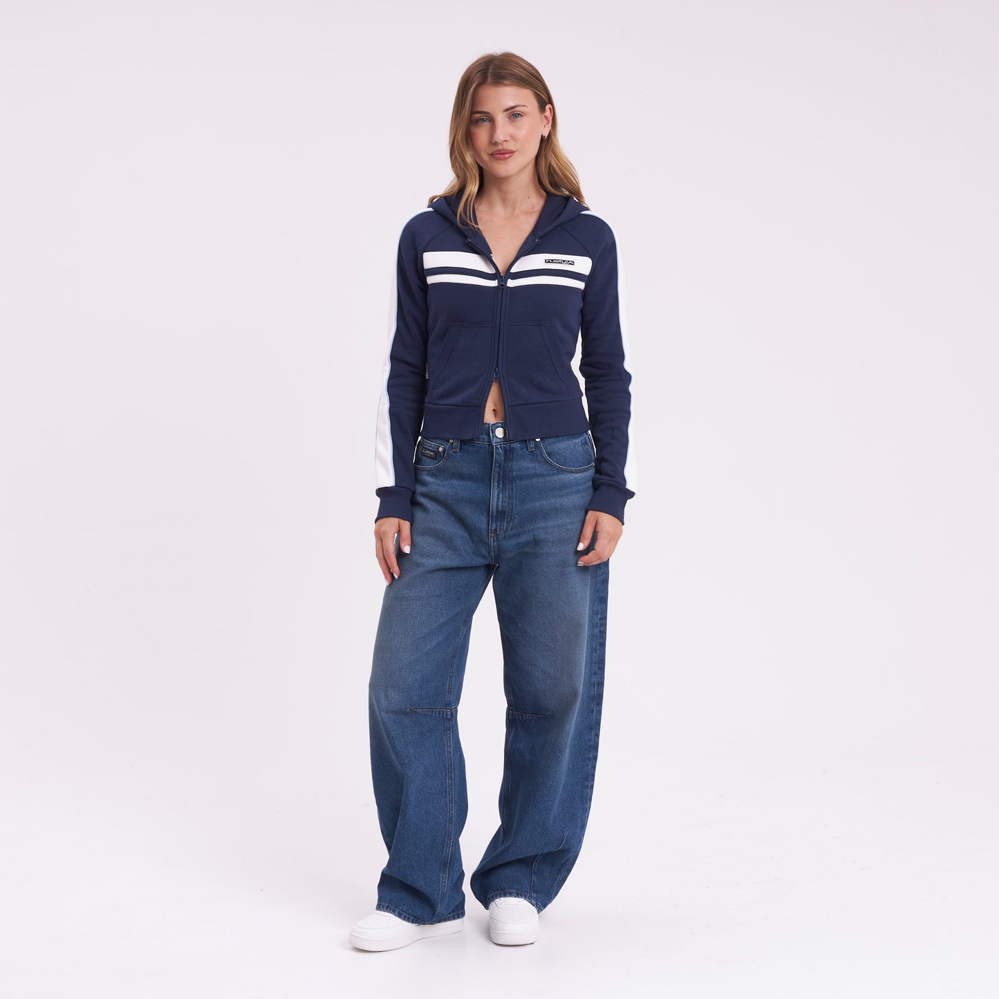Campera Canguro Rusty Retro Lines Zip Through Hooded Fleece Navy Blue