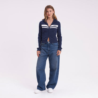 Campera Canguro Rusty Retro Lines Zip Through Hooded Fleece Navy Blue
