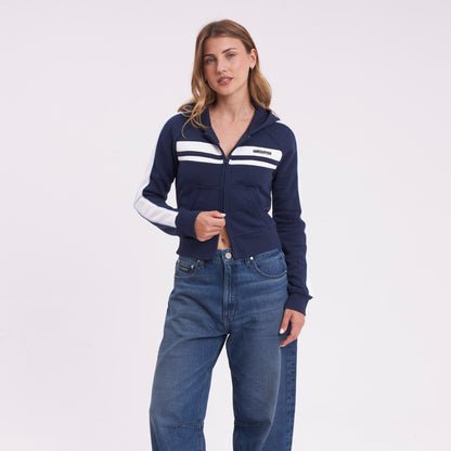 Campera Canguro Rusty Retro Lines Zip Through Hooded Fleece Navy Blue