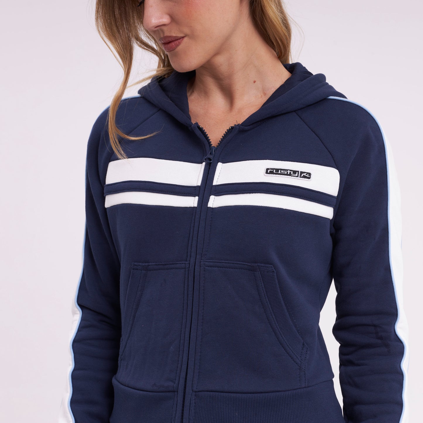 Campera Canguro Rusty Retro Lines Zip Through Hooded Fleece Navy Blue