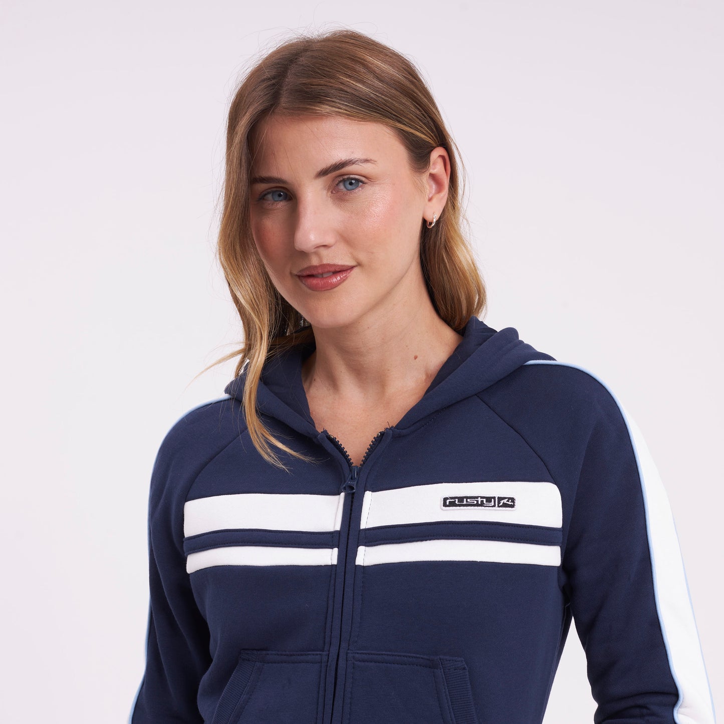 Campera Canguro Rusty Retro Lines Zip Through Hooded Fleece Navy Blue