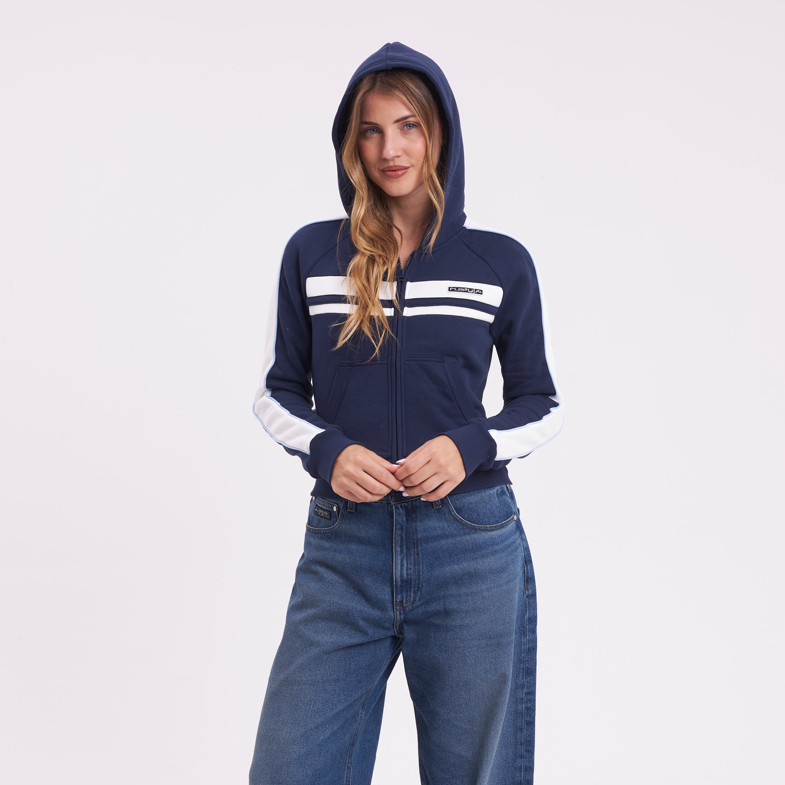 Campera Canguro Rusty Retro Lines Zip Through Hooded Fleece Navy Blue