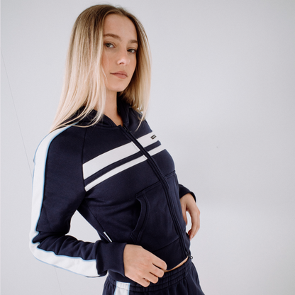 Campera Canguro Rusty Retro Lines Zip Through Hooded Fleece Navy Blue
