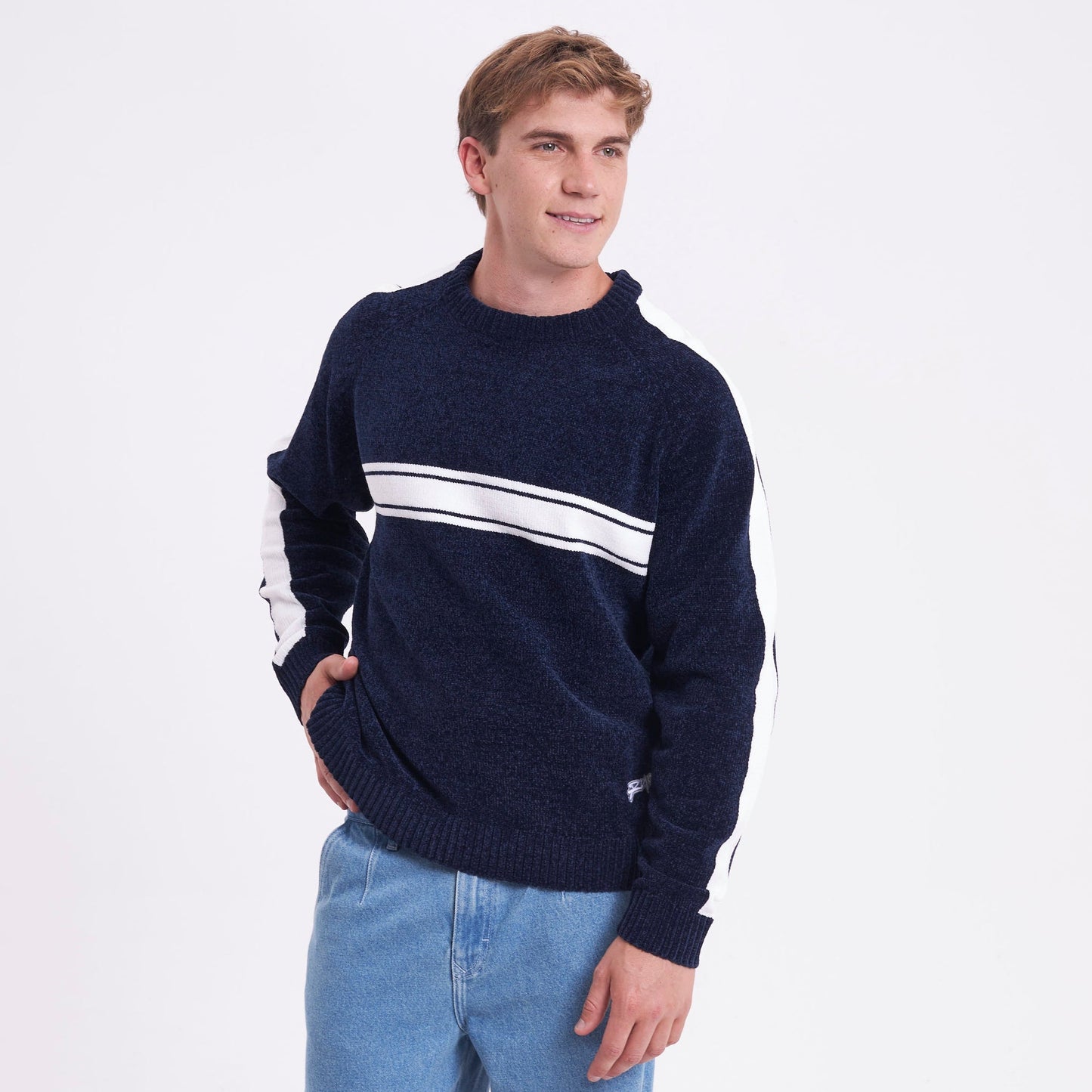Sweater Rusty White Lines Chenille Dark Blue